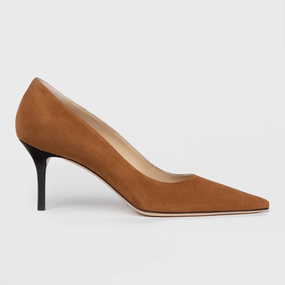 Cognac Suede Heels, Comfortable 75mm Pumps - Picture 2 of 6